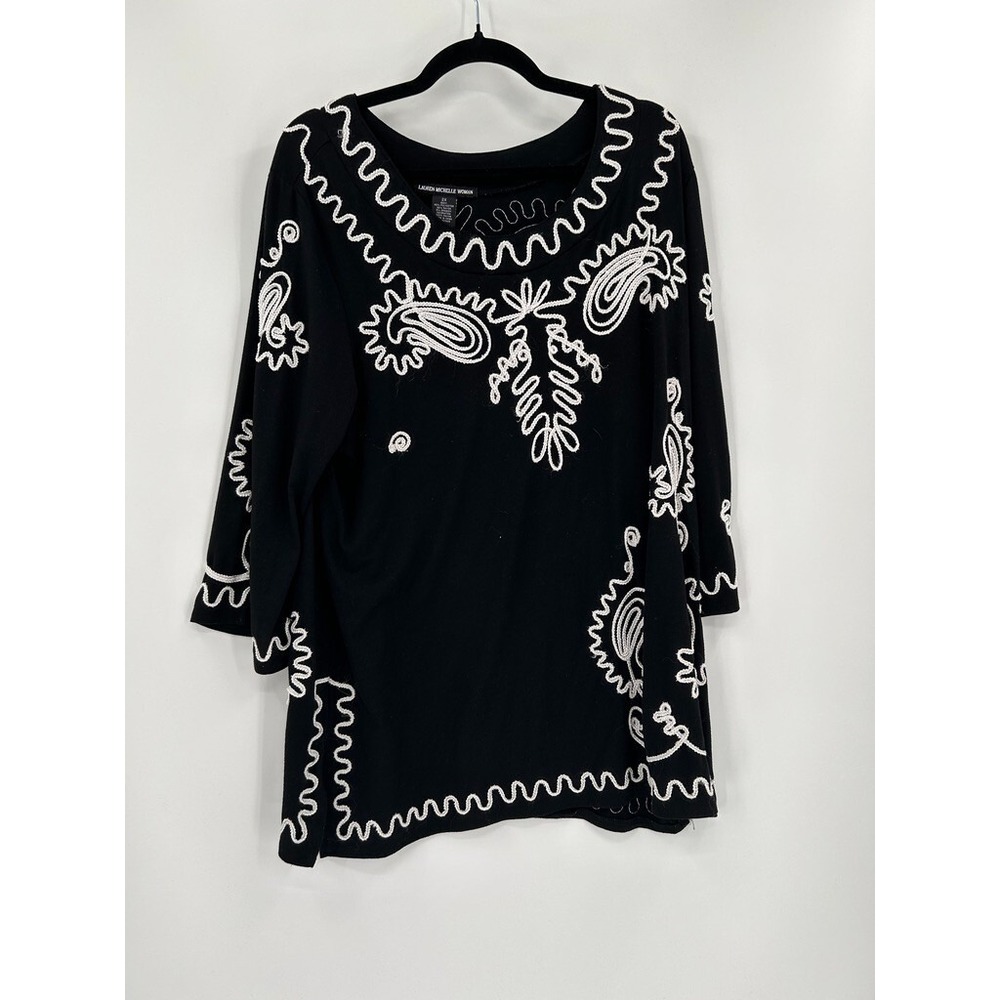 Lauren Michelle Women Size 2X Black Geometric Embroidered Tunic Artsy Whimsigoth